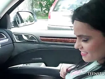 Teen strips in lingerie and gives boner in car