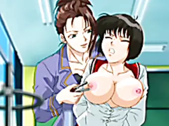 Big breasted anime schoolgirl pinches her nipples