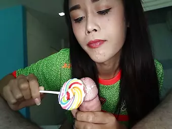 Ladyboy Alice Licks Lollipop And Gives Frottage