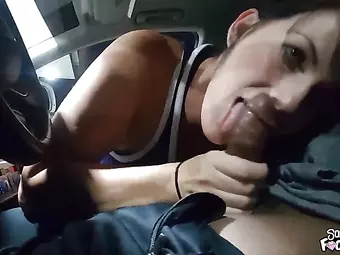 Cum eating slut sucking cock in a car