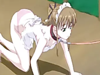 Young hentai maid in a leash gets forced to suck hard cock