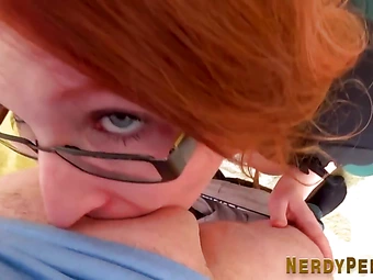 Nerd with glasses sucked by redheaded brit