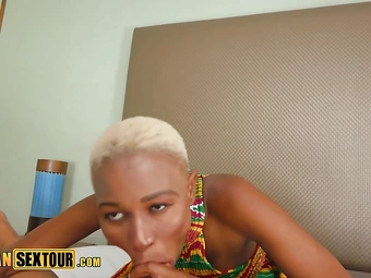 Short hair African teen with big tits gave a sloppy blowjob and tit job