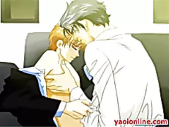 Two hentai gays touching and kissing on sofa